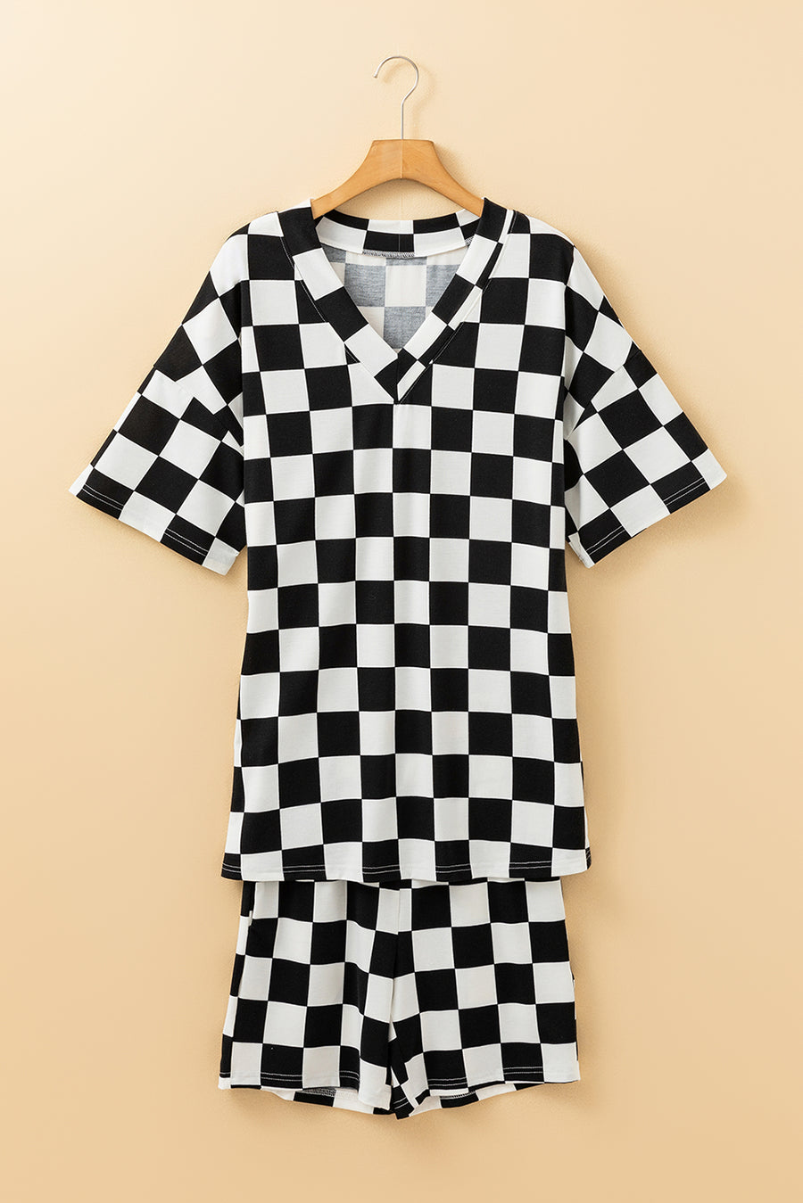 Black Checkered Print V Neck Pocketed Pajama Set