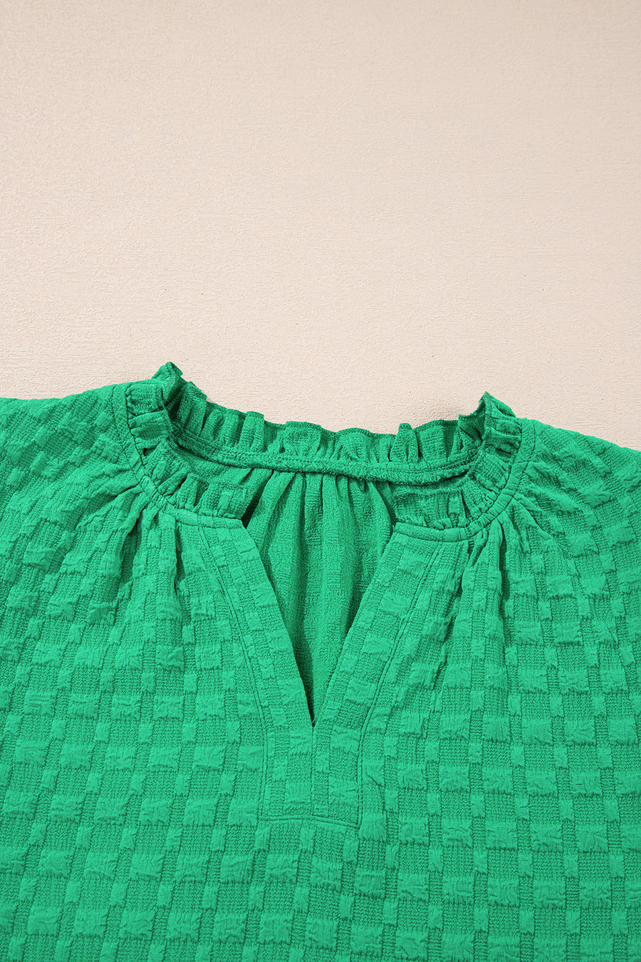 Bright Green Textured Puff Sleeve Frilled & Notched V-Neck Blouse