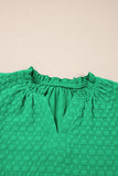 Bright Green Textured Puff Sleeve Frilled & Notched V-Neck Blouse