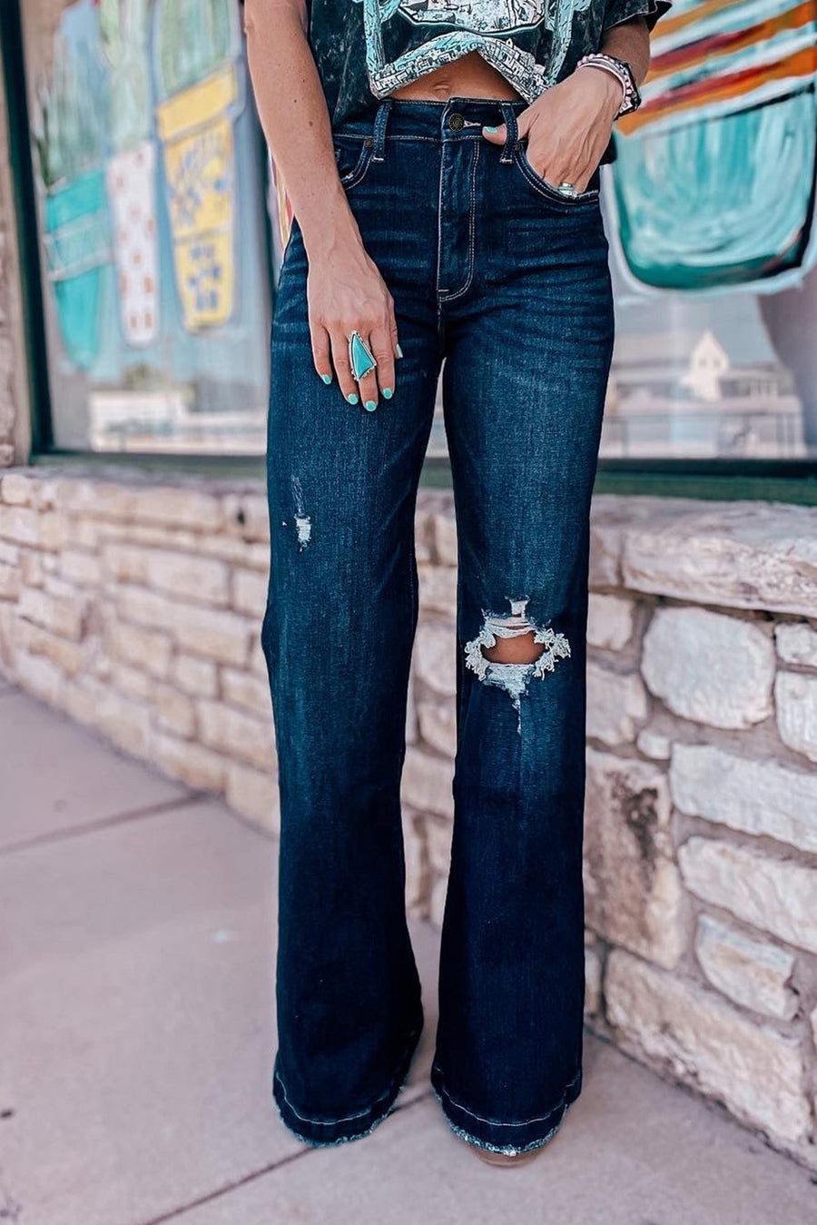 Dark Blue High Rise Ripped Raw Hem Bell Bottom Jeans