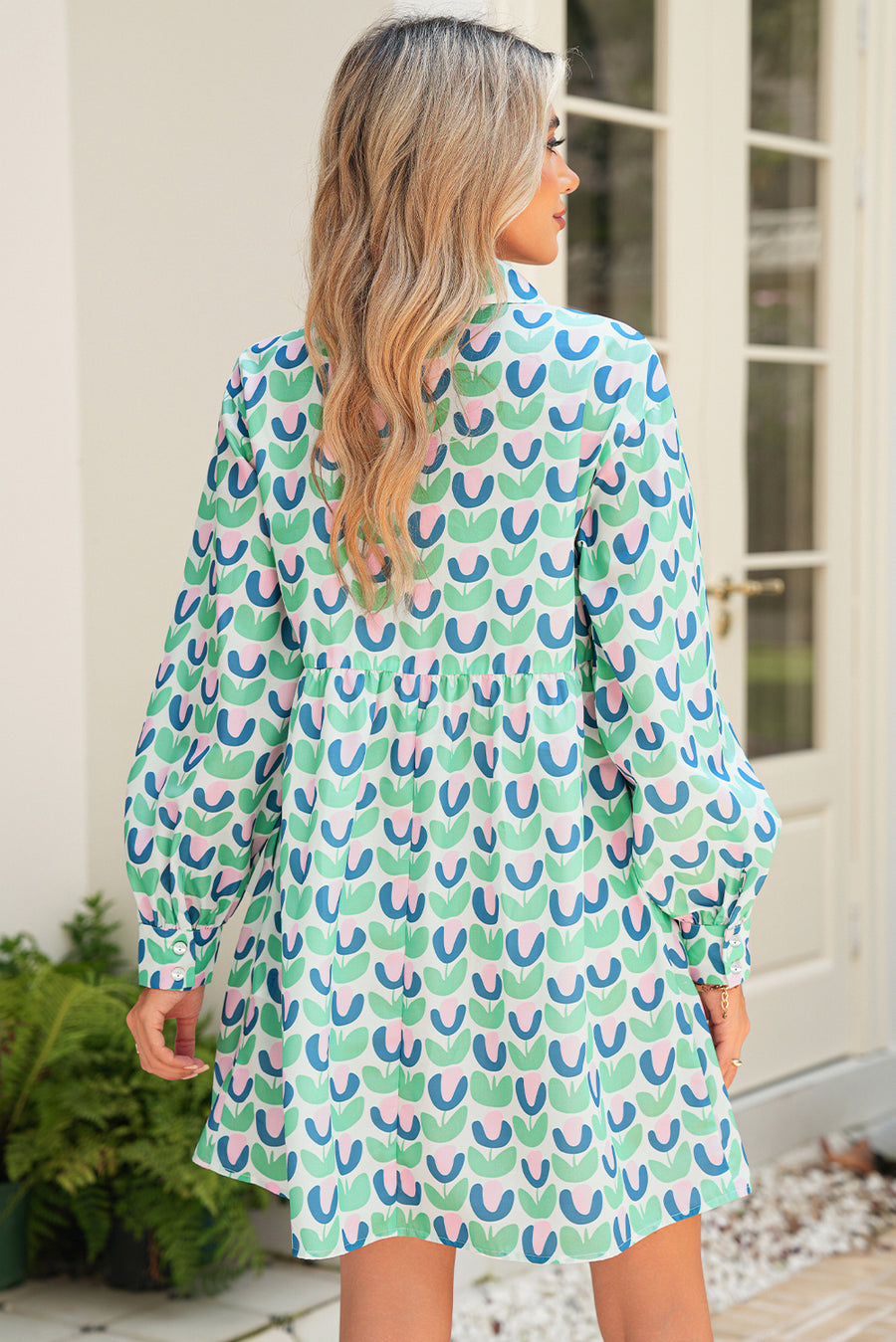 Mint Floral Print Scallop Trim Long Sleeve Mini Dress with Pockets