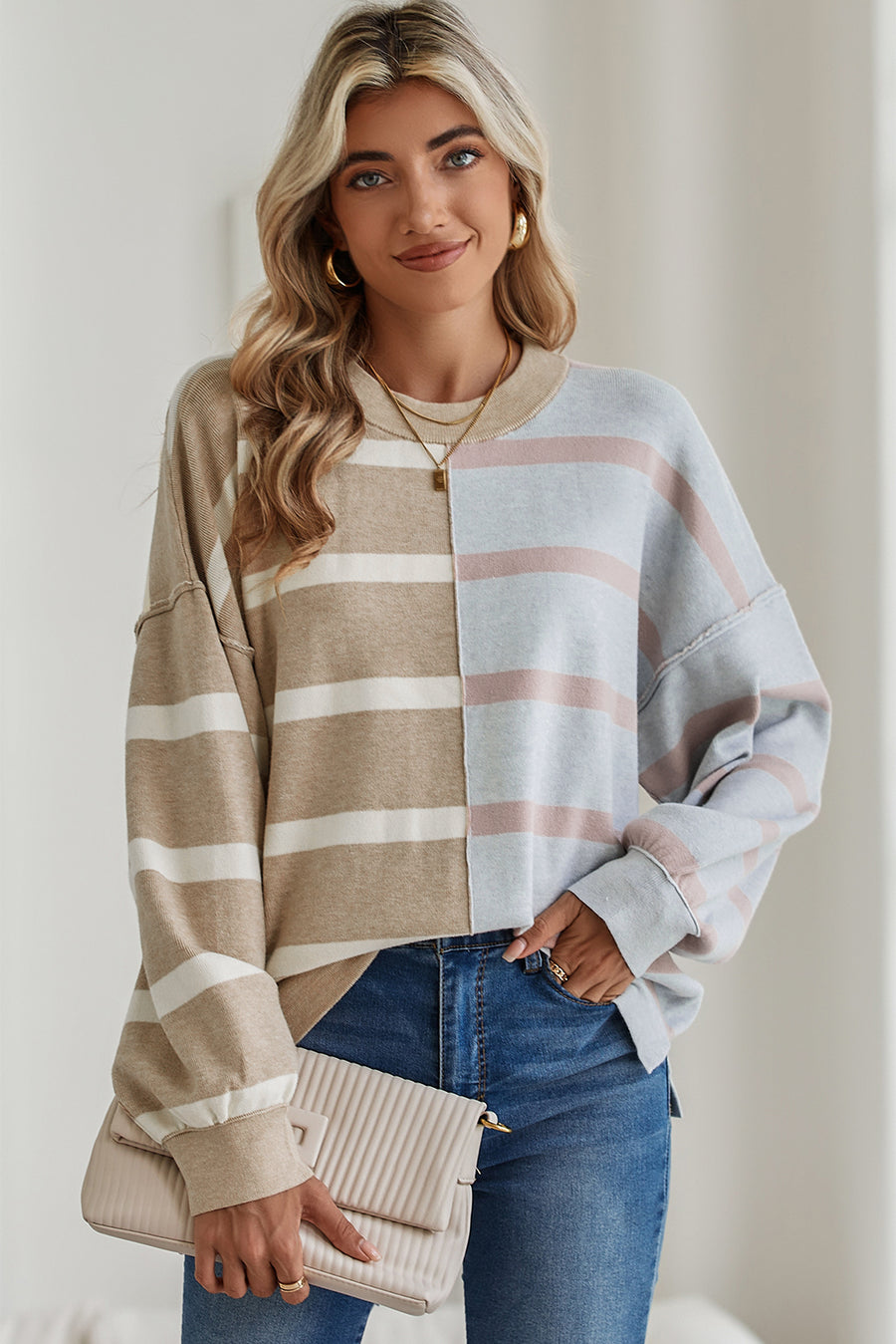 Striped Exposed Seam Patchwork Loose Fit Sweater- 4 Colors