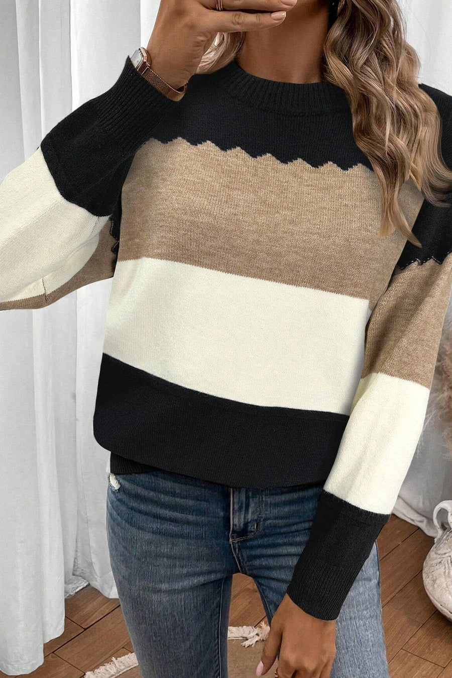 Color Block Crew Neck Drop Shoulder Scallop Detail Sweater- 3 Colors