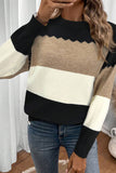 Color Block Crew Neck Drop Shoulder Scallop Detail Sweater- 3 Colors