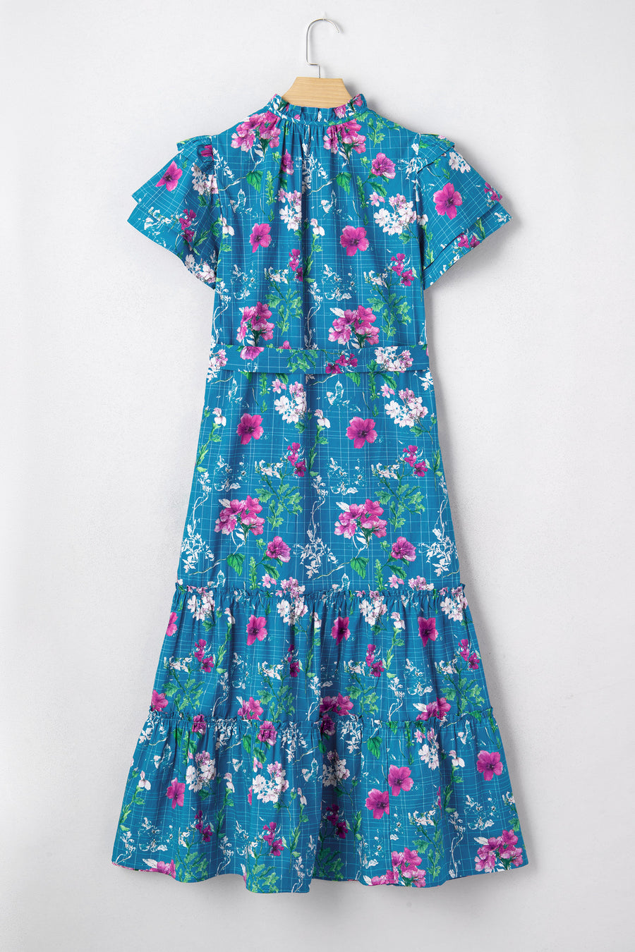 Blue Floral Flutter Sleeve Tie Neck Belted Midi Dress