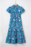 Blue Floral Flutter Sleeve Tie Neck Belted Midi Dress