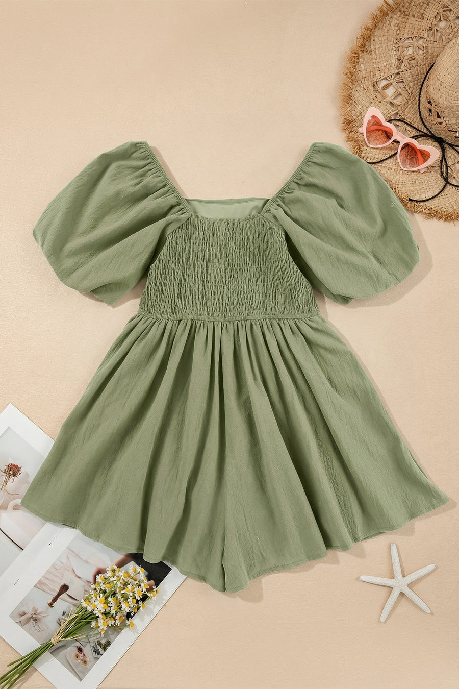 Valerian Square Neck Ruched Puff Sleeve Romper