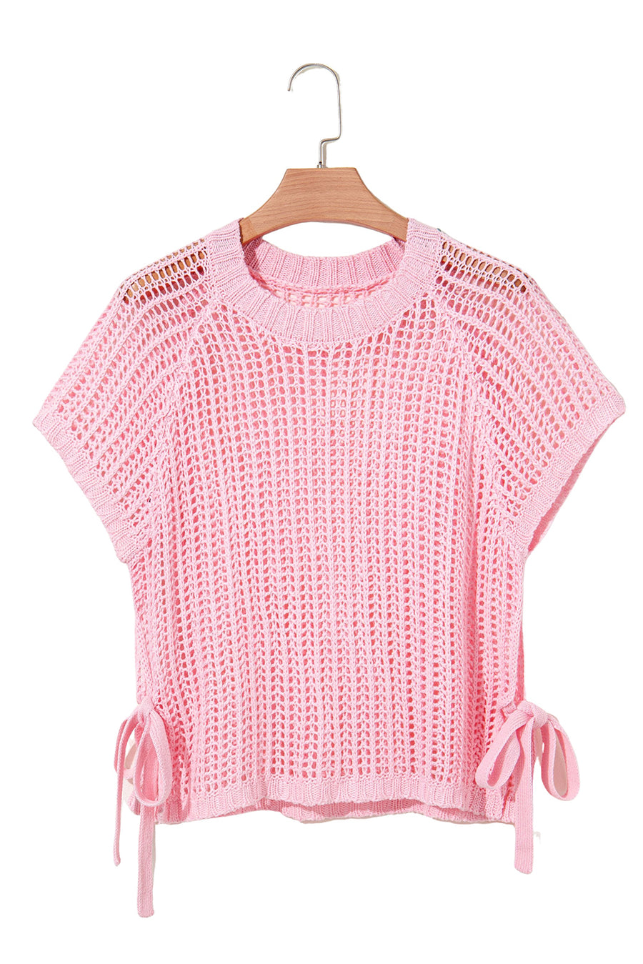Side Tie Crochet Knit Short Sleeve Sweater- 2 Colors