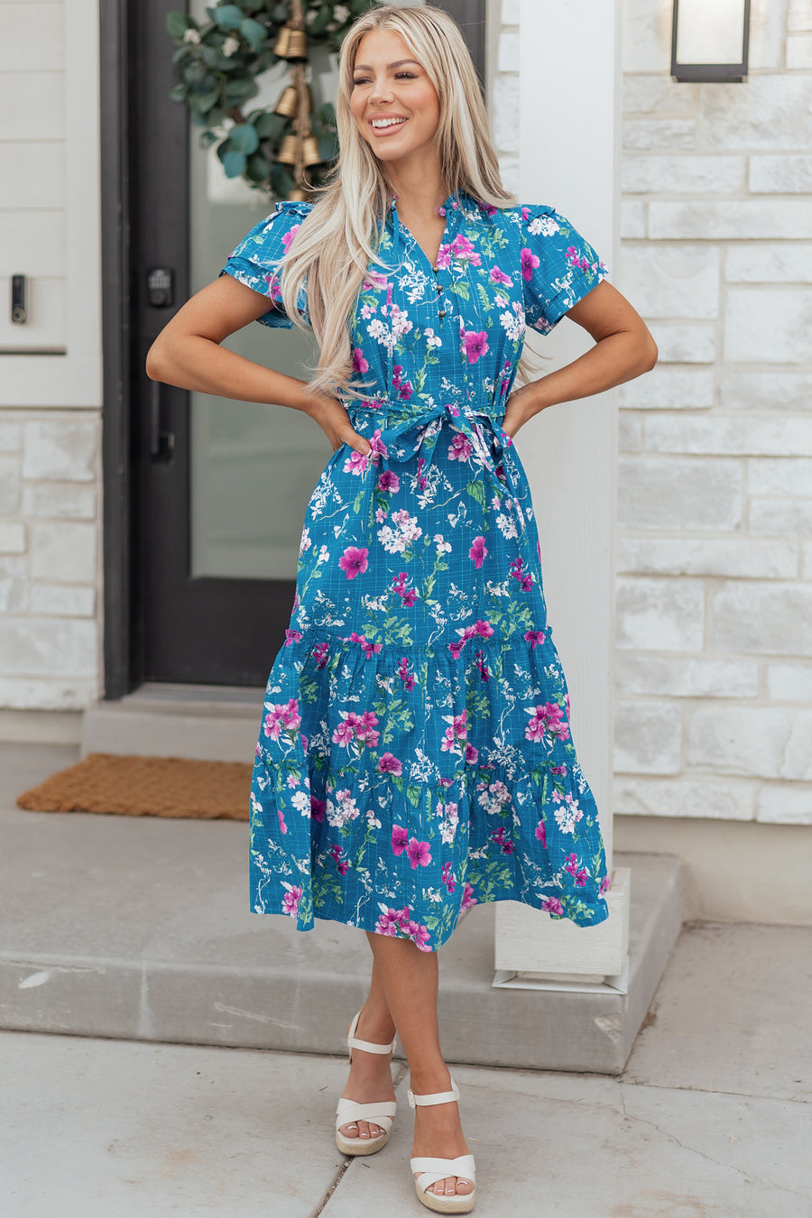 Blue Floral Flutter Sleeve Tie Neck Belted Midi Dress