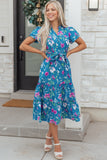 Blue Floral Flutter Sleeve Tie Neck Belted Midi Dress