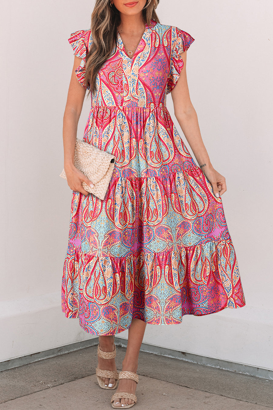 Pink Multi Floral Paisley Ruffle Sleeve Notch Neck Midi Dress