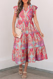 Pink Multi Floral Paisley Ruffle Sleeve Notch Neck Midi Dress
