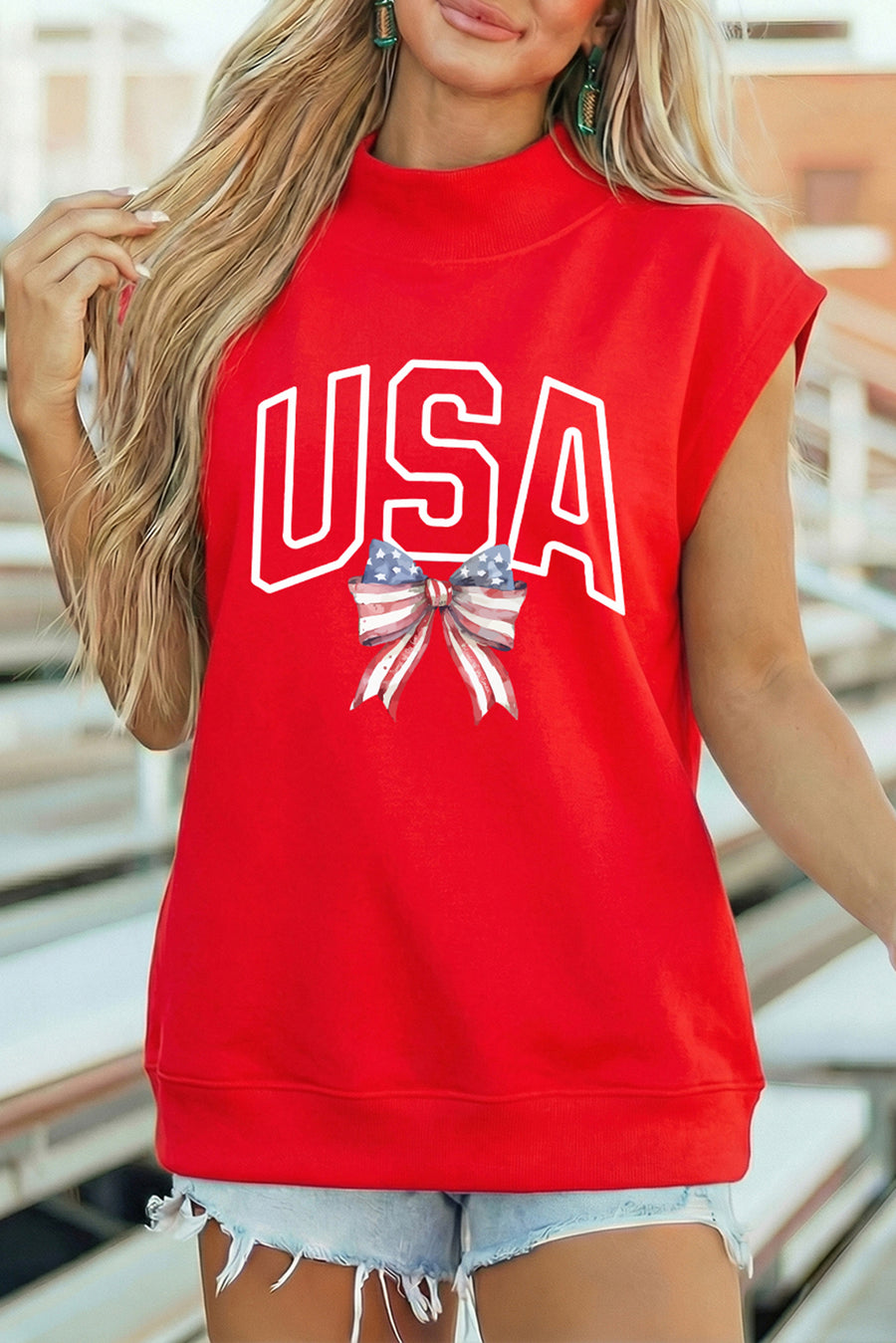 Red USA American Flag Bow Mock Neck Cap Sleeve Graphic T-Shirt