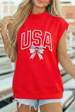 Red USA American Flag Bow Mock Neck Cap Sleeve Graphic T-Shirt