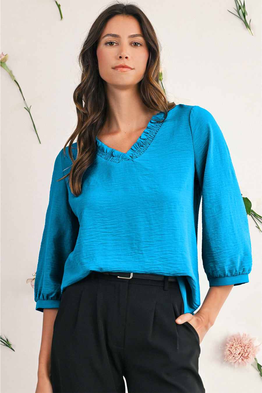 Frill V-Neck Lantern Sleeve Crinkled Blouse- 3 Colors
