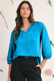 Frill V-Neck Lantern Sleeve Crinkled Blouse- 3 Colors