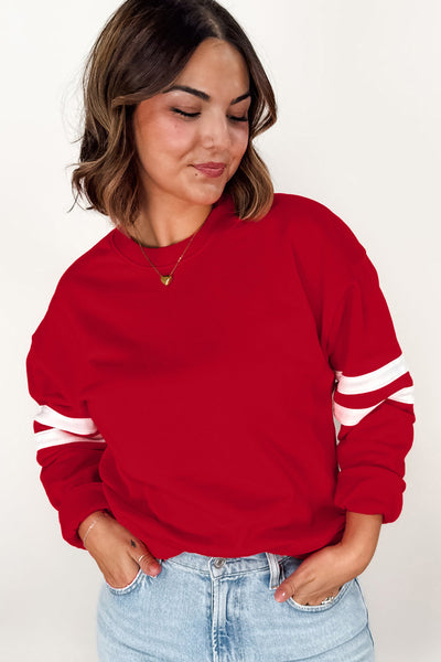 Fiery Red Varsity Striped Detail Plus Size Round Neck Sweatshirt