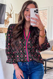Black Floral Contrast Trim V-Neck Lantern Sleeve Blouse