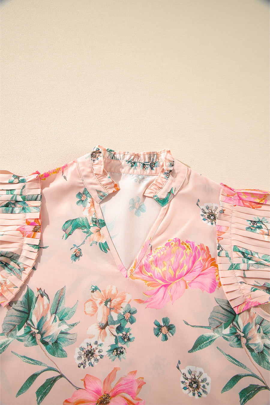 Apricot Floral Frill V-Neck Pleated Short Sleeve Blouse