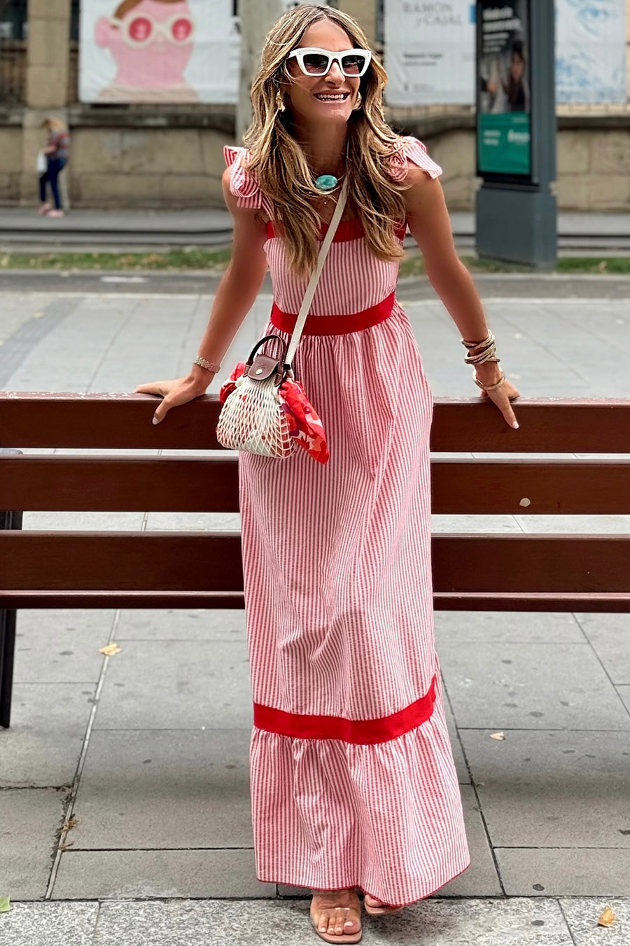 Red Striped Tie Straps Contrast Trim High Waist Ruffle Hem Maxi Dress