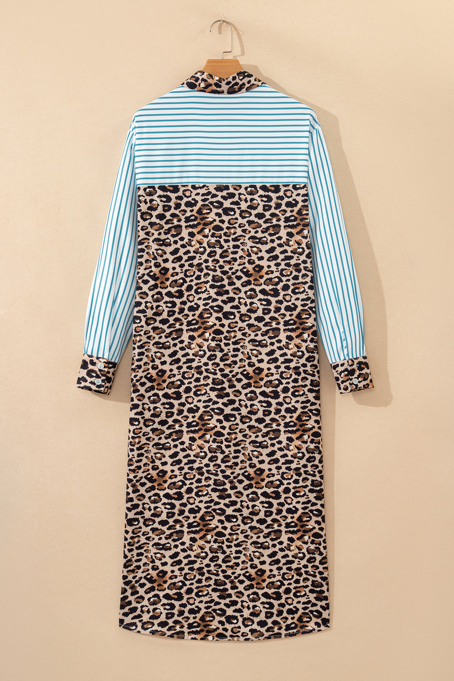 Striped Contrast Trim Leopard Patchwork Long Sleeve Midi Shirt Dress- 2 Colors