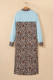 Striped Contrast Trim Leopard Patchwork Long Sleeve Midi Shirt Dress- 2 Colors