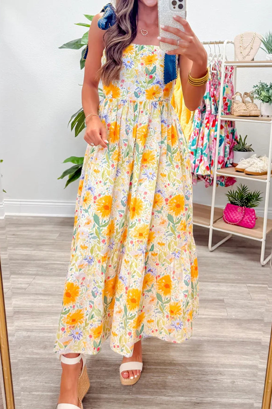 *Backorder* Floral Print Denim Straps High Waist Maxi Dress