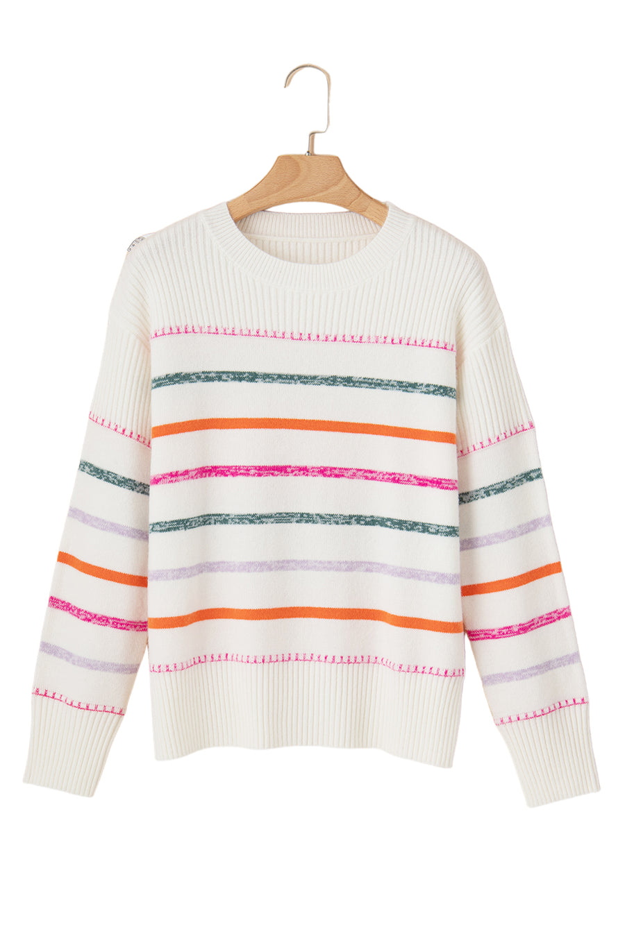 Multicolored Striped Ribbed Trim Crew Neck Sweater- 2 Colors