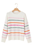 Multicolored Striped Ribbed Trim Crew Neck Sweater- 2 Colors