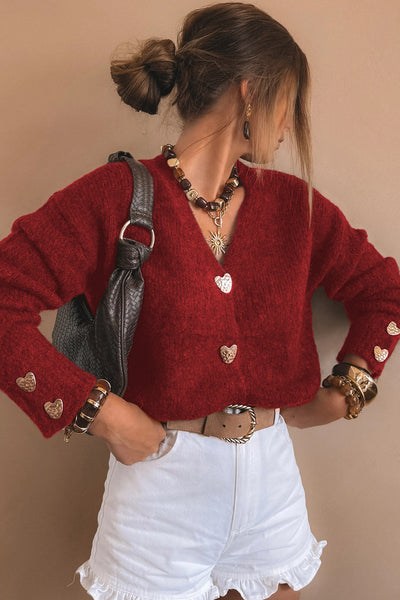 Red Heart Metal Button V-Neck Cardigan