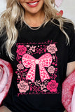 Black Floral Heart Pattern Bow Graphic T-Shirt A