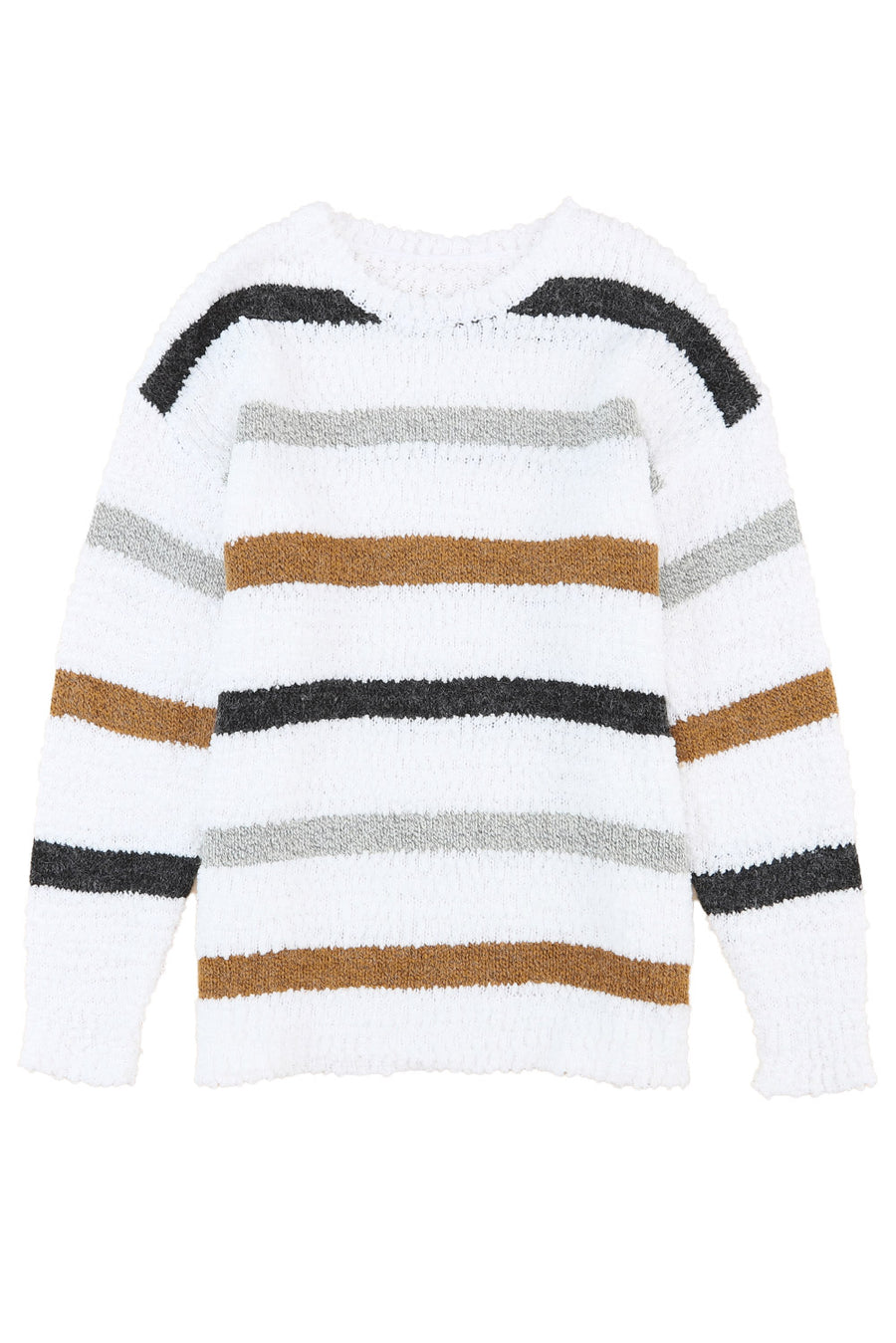 White Multi Striped Popcorn Drop Shoulder Pullover Sweater
