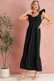 V-Neck Flutter Sleeve Smocked Bodice High Waist Ruffle Maxi Dress with Pockets- 2 Colors