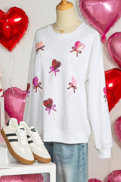 White Sequin Bow Heart Lollipop Drop Shoulder Crew Neck Sweatshirt