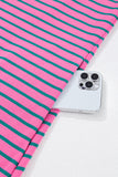 Plus Size Bright Pink and Green Stripe Collared Puff Sleeve Mini Dress with Pockets