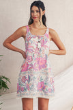 Pink and Lavender Bohemian Floral Tassel Tie V-Neck Mini Dress with Pockets