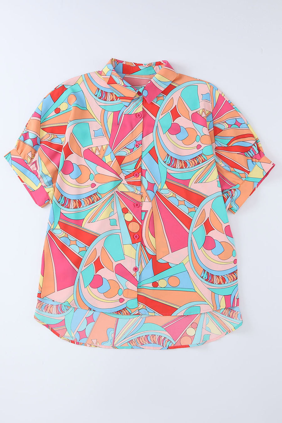 Multicolored Abstract Print Short Sleeve Loose Fit Button-Up Blouse