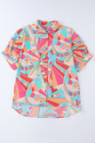 Multicolored Abstract Print Short Sleeve Loose Fit Button-Up Blouse