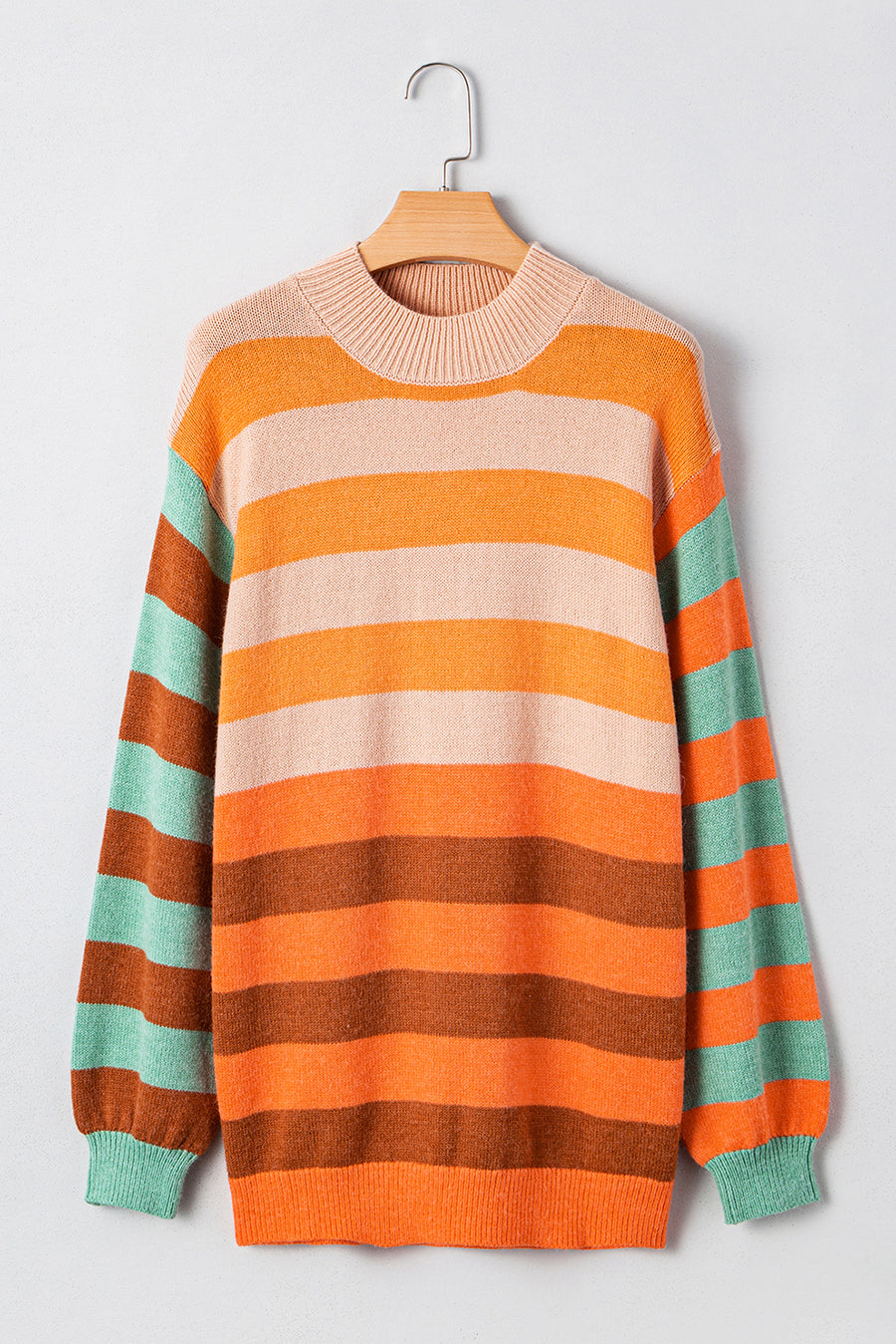 Orange Multi Color Block High Neck Drop Shoulder Sweater
