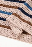 Tan Multi Openwork Striped Knit Drop Shoulder Crew Neck Sweater