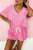 V-Neck Drop Shoulder T-Shirt and Patchwork Shorts Set- 3 Colors