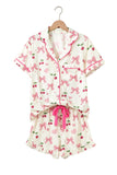 Bow Print Button-Up V-Neck Short Sleeve Top and Ruffle Hem Shorts Pajama Set- 2 Styles