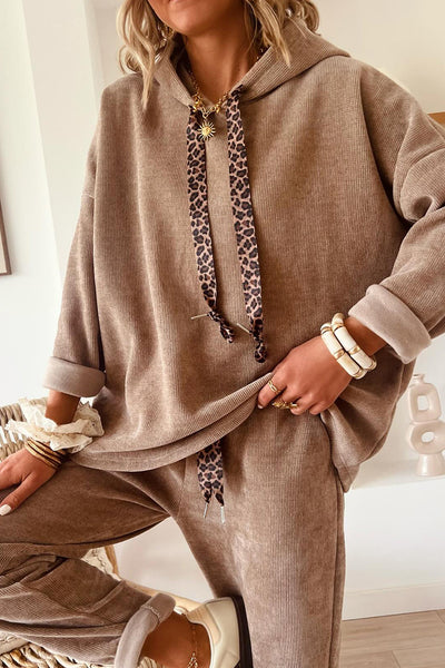 Dark Khaki Drawstring Pullover Hoodie and High Waist Pants Corduroy Suit