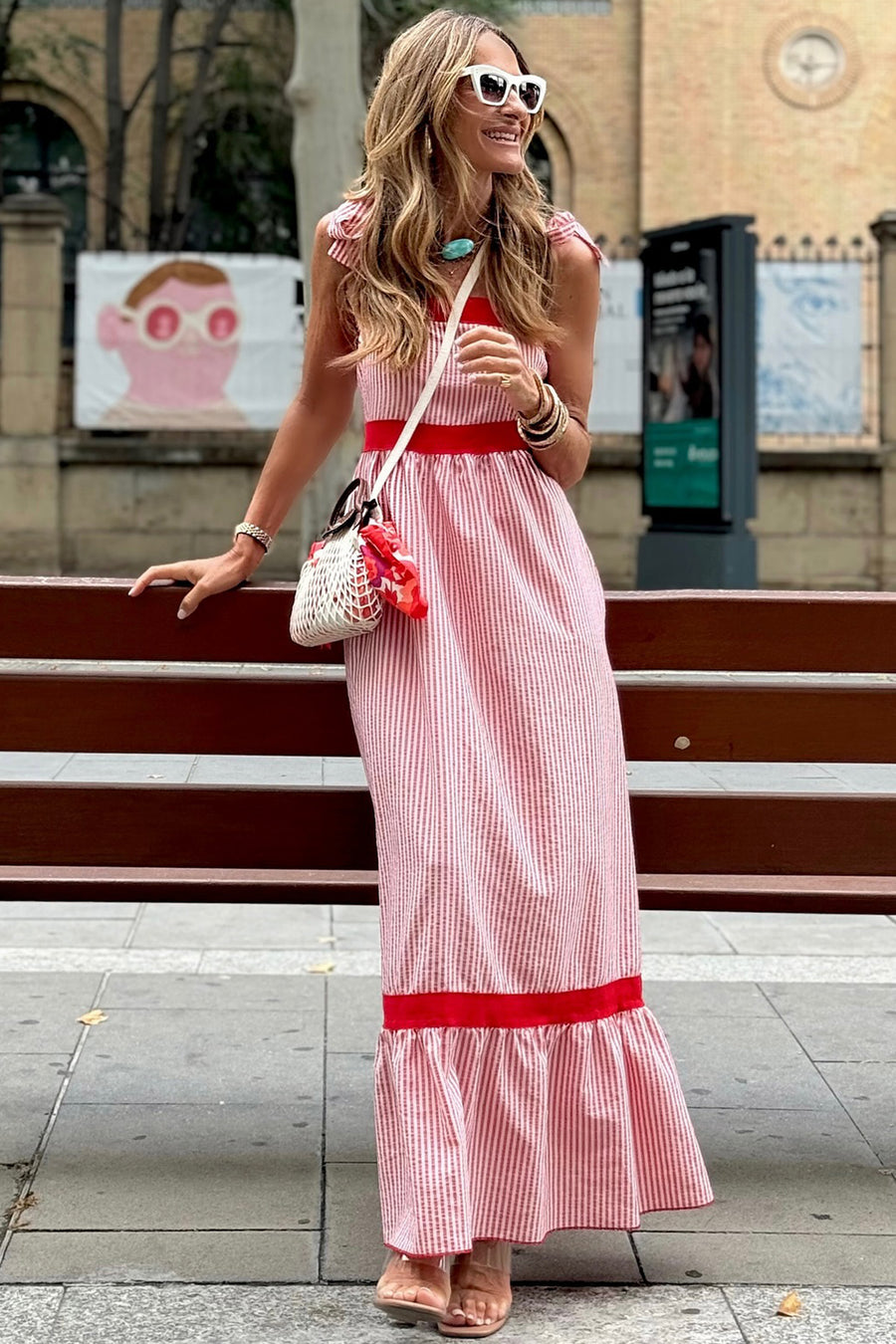 Red Striped Tie Straps Contrast Trim High Waist Ruffle Hem Maxi Dress