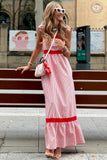 Red Striped Tie Straps Contrast Trim High Waist Ruffle Hem Maxi Dress