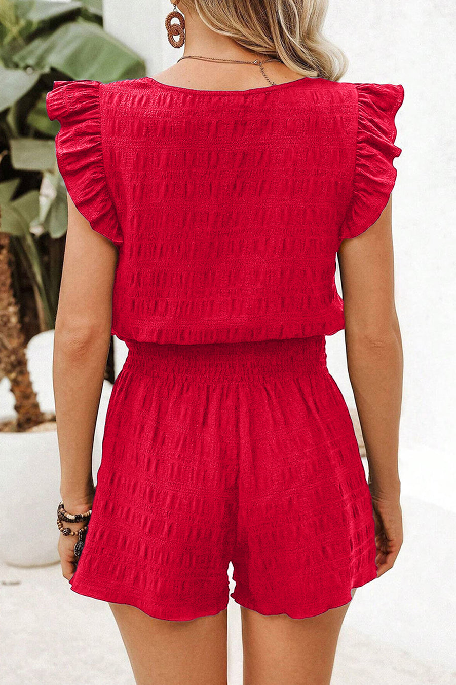 Textured Ruffle Blouse and Shirred High-Waist Shorts Set- 5 Colors