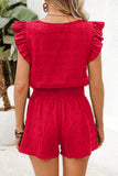 Textured Ruffle Blouse and Shirred High-Waist Shorts Set- 5 Colors