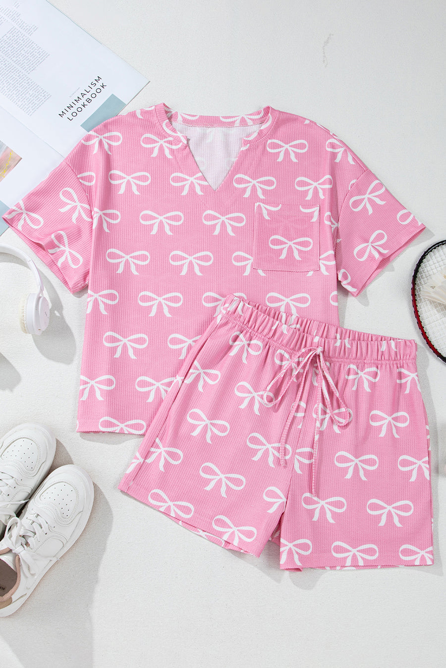 Pink Waffle Knit Bow Print Notched T-Shirt And Shorts Set