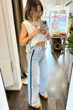Beau Blue Contrast Stripe Frayed Side Patchwork Jeans