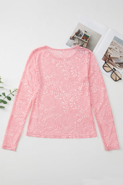 Pink Floral Lace Sheer Long Sleeve Blouse